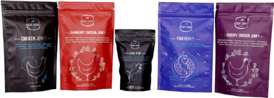 

PetSutra Doggie Dabbas Dog Treats Combo (Chicken Jerky, Fish Ferky, Blueberry, Cranberry, Liver it up) Chicken Dog Treat(420 g, Pack of 5)