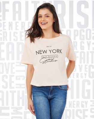 METRONAUT Graphic Print, Typography Women Round Neck Black, Beige T-Shirt