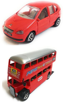 

The Game begins Combo Toys of Indica Car and Double Decker Bus Toy | Toys for kids/Show piece | Miniature/Model Toys | Pull back and Go | Openable Doors | Red Color(Red)