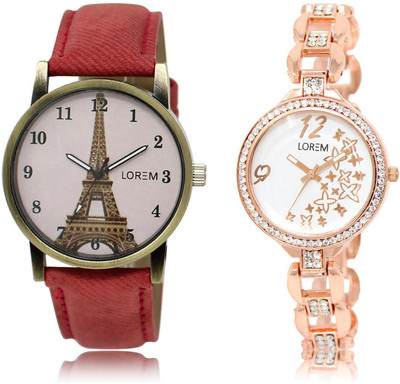 

LOREM LR210-230 COMBO White & Pink Round Girl's Metal Bracelet & Leather Watch - For Women