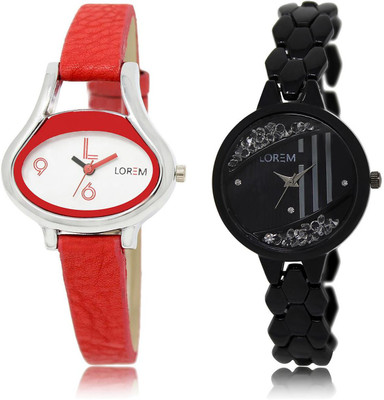 

LOREM LR206-221 COMBO Black & White Round & Oval Girl's Metal Bracelet & Leather Watch - For Women