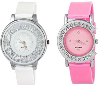 

Rage Enterprise New Fancy Designer Look White*Pink Set of Two Stylish Diamond Dial Men & Women Watch - For Girls