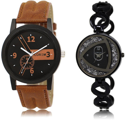 

LOREM LR1-237 COMBO Silver & Black Round Boy's & Girl's Metal Bracelet & Leather Watch - For Men & Women