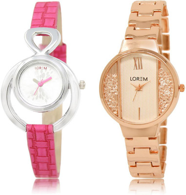 

LOREM LR205-217 COMBO White & Silver Round Girl's Metal Bracelet & Leather Watch - For Women