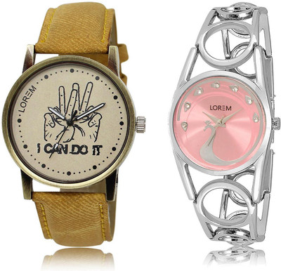 

LOREM LR30-233 COMBO Pink & Grey Round Boy's & Girl's Metal Bracelet & Leather Watch - For Men & Women