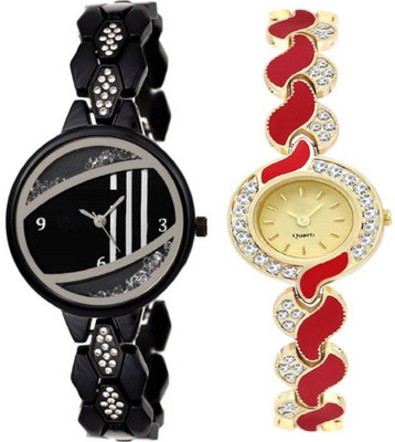 TRUE KART Paris Style Red Metal Strap Diamond Studded Bracelet Watch - For Women