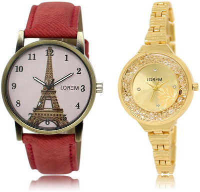 

LOREM LR224-230 COMBO Gold & Pink Round Girl's Metal Bracelet & Leather Watch - For Women