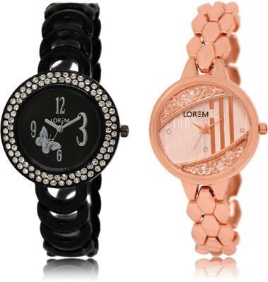 LOREM LR201-222 COMBO Rose Gold & Black Round Girl's Metal Bracelet Watch - For Women