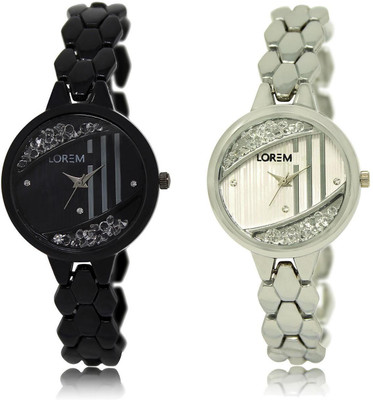 

LOREM LR221-223 COMBO Silver & Black Round Girl's Metal Bracelet Watch - For Women