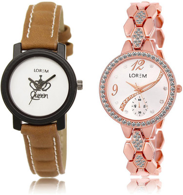 

LOREM LR209-215 COMBO Silver & White Round Girl's Metal Bracelet & Leather Watch - For Women