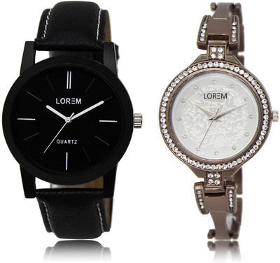 

LOREM LR5-236 COMBO Silver & Black Round Boy's & Girl's Metal Bracelet & Leather Watch - For Men & Women