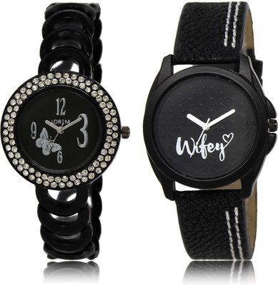 

LOREM LR201-234 COMBO Black Round Girl's Leather & Metal Bracelet Watch - For Women