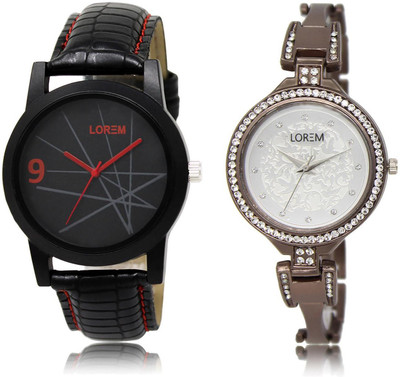 

LOREM LR8-236 COMBO Silver & Black Round Boy's & Girl's Metal Bracelet & Leather Watch - For Men & Women