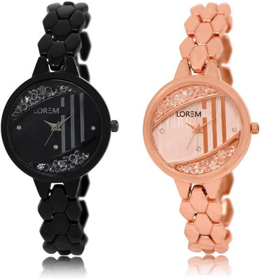 

LOREM LR221-222 COMBO Rose Gold & Black Round Girl's Metal Bracelet Watch - For Women