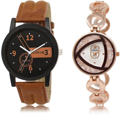 

LOREM LR1-238 COMBO Silver & Black Round Boy's & Girl's Metal Bracelet & Leather Watch - For Men & Women