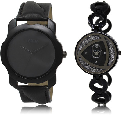 

LOREM LR22-237 COMBO Silver & Black Round Boy's & Girl's Metal Bracelet & Leather Watch - For Men & Women