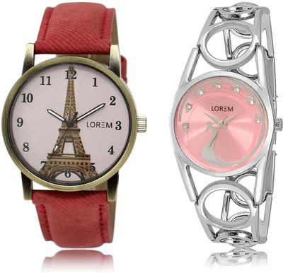

LOREM LR230-233 COMBO Pink & Pink Round Girl's Metal Bracelet & Leather Watch - For Women