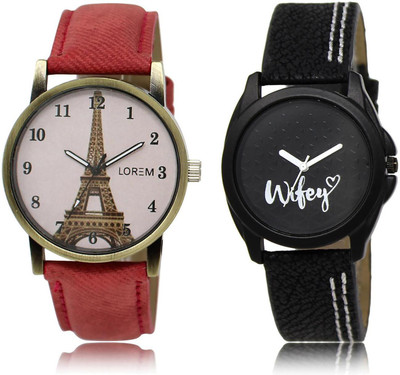 

LOREM LR230-234 COMBO Black & Pink Round Girl's Leather Watch - For Women