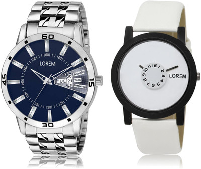 

LOREM LR26-102 COMBO White & Blue Round Boy's Leather & Metal Bracelet Watch - For Men