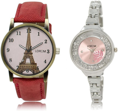

LOREM LR226-230 COMBO Pink & Pink Round Girl's Metal Bracelet & Leather Watch - For Women