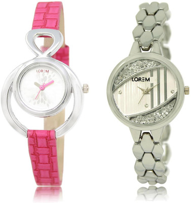 

LOREM LR205-223 COMBO White Round Girl's Metal Bracelet & Leather Watch - For Women