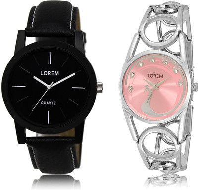 

LOREM LR5-233 COMBO Pink & Black Round Boy's & Girl's Metal Bracelet & Leather Watch - For Men & Women