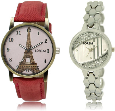 

LOREM LR223-230 COMBO Silver & Pink Round Girl's Metal Bracelet & Leather Watch - For Women