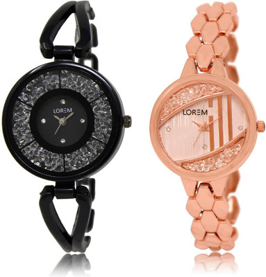 

LOREM LR211-222 COMBO Rose Gold & Black Round Girl's Metal Bracelet Watch - For Women