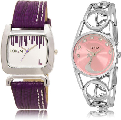 

LOREM LR207-233 COMBO Pink & White Round & Square Girl's Metal Bracelet & Leather Watch - For Women