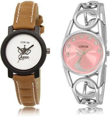 

LOREM LR209-233 COMBO Pink & White Round Girl's Metal Bracelet & Leather Watch - For Women