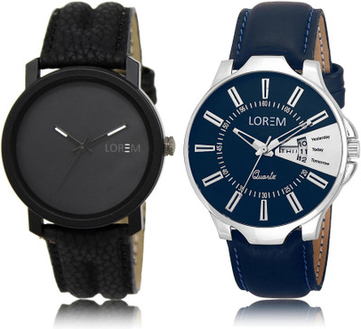 

LOREM LR21-23 COMBO Silver & Black Round Boy's Leather Watch - For Men