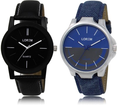 LOREM Blue & Black Round Boy's Leather Analog Watch  - For Men