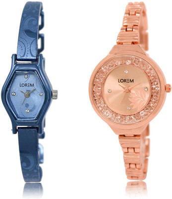

LOREM LR218-225 COMBO Rose Gold & Blue Round & Contemporary Girl's Metal Bracelet Watch - For Women