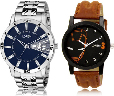 

LOREM LR4-102 COMBO Black & Blue Round Boy's Leather & Metal Bracelet Watch - For Men