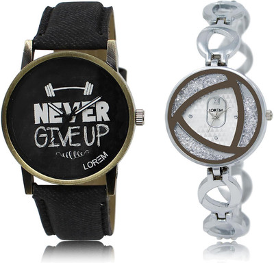 

LOREM LR27-240 COMBO Silver & Black Round Boy's & Girl's Metal Bracelet & Leather Watch - For Men & Women