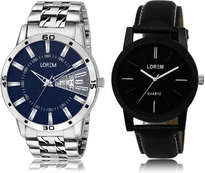 

LOREM LR5-102 COMBO Black & Blue Round Boy's Leather & Metal Bracelet Watch - For Men
