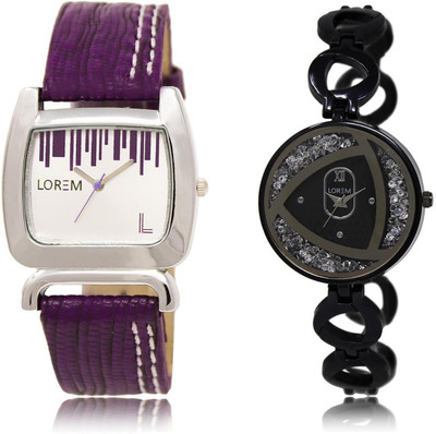 

LOREM LR207-237 COMBO Silver & White Round & Square Girl's Metal Bracelet & Leather Watch - For Women