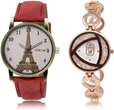 

LOREM LR230-238 COMBO Silver & Pink Round Girl's Metal Bracelet & Leather Watch - For Women