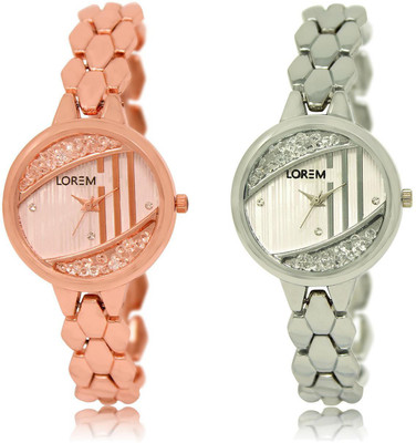 

LOREM LR222-223 COMBO Silver & Rose Gold Round Girl's Metal Bracelet Watch - For Women