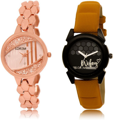 

LOREM LR222-235 COMBO Black & Rose Gold Round Girl's Leather & Metal Bracelet Watch - For Women