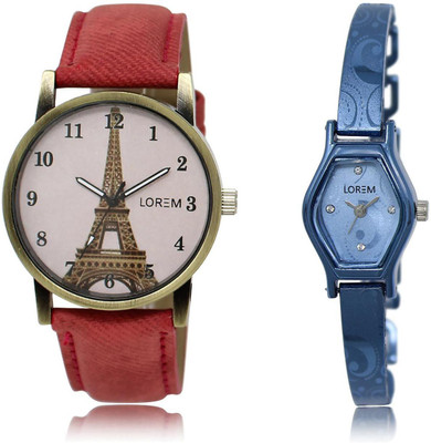 

LOREM LR218-230 COMBO Blue & Pink Contemporary & Round Girl's Metal Bracelet & Leather Watch - For Women