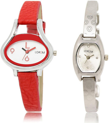 

LOREM LR206-219 COMBO Silver & White Contemporary & Oval Girl's Metal Bracelet & Leather Watch - For Women