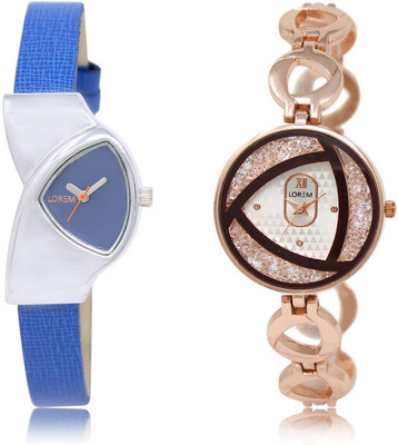 

LOREM LR208-238 COMBO Silver & Blue Round & Triangle Girl's Metal Bracelet & Leather Watch - For Women