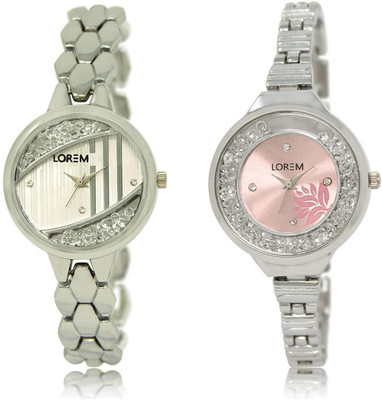 

LOREM LR223-226 COMBO Pink & Silver Round Girl's Metal Bracelet Watch - For Women