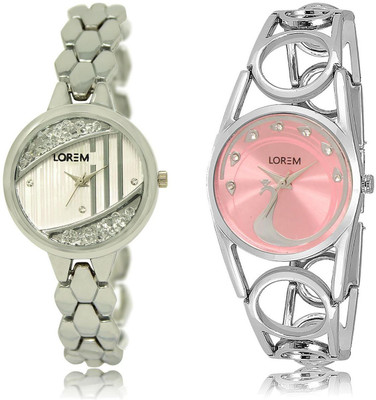

LOREM LR223-233 COMBO Pink & Silver Round Girl's Metal Bracelet Watch - For Women