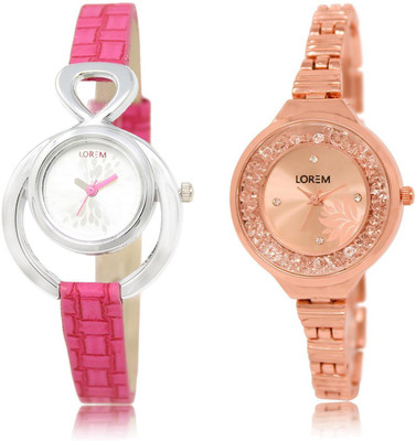 

LOREM LR205-225 COMBO Rose Gold & Silver Round Girl's Metal Bracelet & Leather Watch - For Women