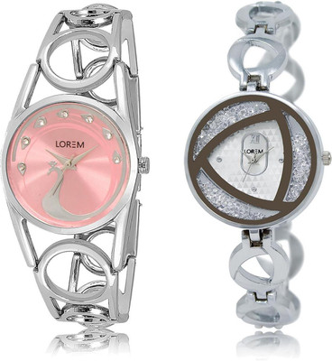 

LOREM LR233-240 COMBO Silver & Pink Round Girl's Metal Bracelet Watch - For Women