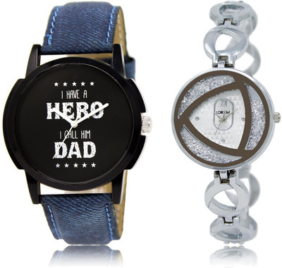 

LOREM LR7-240 COMBO Silver & Black Round Boy's & Girl's Metal Bracelet & Leather Watch - For Men & Women