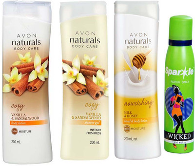 

Avon Anew vanilla and sandalwood shower gel 200 ml & one vanilla and sandalwood hand and body lotion 200 ml & one Naturals Milk & Honey Hand & Body Lotion (200 ml) With one sparkle perfume spray 150 ml(Set of 4)