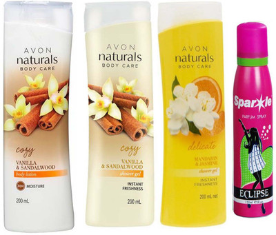 

Avon Anew vanilla and sandalwood shower gel 200 ml & one vanilla and sandalwood hand and body lotion 200 ml Naturals mandarin & jasmine shower gel (200 ml) With one sparkle perfume spray 150 ml(Set of 4)